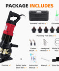 Package contents of Beefy 22 Ton Electric Hydraulic Hole Puncher With 1400W Copper Motor, 110V, Five Die Set