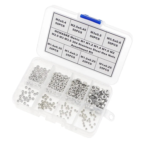 Go-To 304 Stainless Steel Hex Nuts Set Metric M1 To M3.5 Coarse Thread Assortment in clear plastic box, 300 pcs