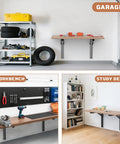 18 Inch Heavy Duty Wall Shelf Brackets Built Tough Rock Solid Collapsible Bracket Kit Supports 550 Lbs in garage and workbench setup.