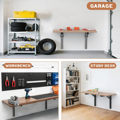 18 Inch Heavy Duty Wall Shelf Brackets Built Tough Rock Solid Collapsible Bracket Kit Supports 550 Lbs in garage and workbench setup.