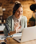 Woman using condenser microphone for home studio with cardioid pickup, crystal clear podcasting and streaming mic, 3.5mm XLR output