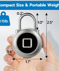 Hand holding biometric fingerprint padlock with Bluetooth app control, compact size, 0.15lb, shown with dimensions for gym storage.