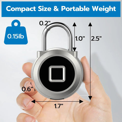 Hand holding biometric fingerprint padlock with Bluetooth app control, compact size, 0.15lb, shown with dimensions for gym storage.