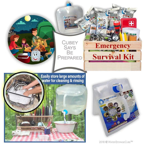 BPA Free Collapsible Water Container With Spigot For Your Go To Camping And Outdoors Setup shown with survival kit