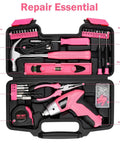 Cordless 3.6V Electric Screwdriver Tool Kit With 112-Piece Set in pink case, includes tools like hammer, tape measure, and drill bits.