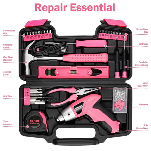Cordless 3.6V Electric Screwdriver Tool Kit With 112-Piece Set in pink case, includes tools like hammer, tape measure, and drill bits.