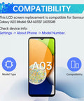 Galaxy A03 Screen Replacement Kit With Frame Full Assembly LCD Display Touch Digitizer And Repair Tools Set For SM A035F A035M No More Cracked Screen Bundle compatibility guide image showing device model check process.