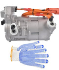 Direct Swap Electric Ev Ac Compressor Fits 2017 To 2020 Tesla Model 3 showing silver compressor with orange wires and safety gloves.