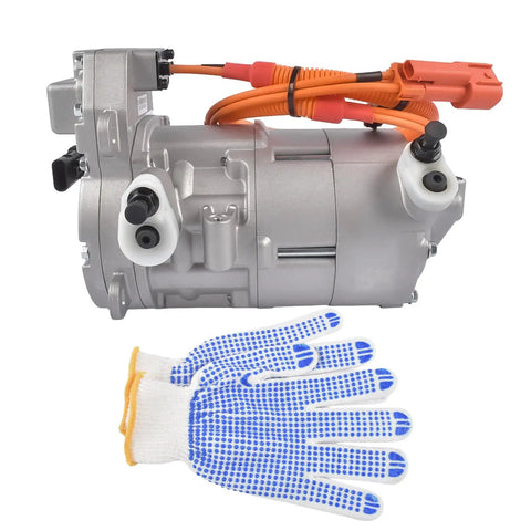 Direct Swap Electric Ev Ac Compressor Fits 2017 To 2020 Tesla Model 3 showing silver compressor with orange wires and safety gloves.