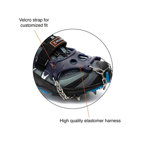 Trail Crampon Ultra I Ice Cleat Traction System with elastomer harness and spikes on hiking shoe.