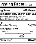 Lighting facts for LED bulb, 4000 lumens, estimated cost $6.57/year, 2.6 years life, 6500K cool, 40 watts energy used