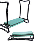 Garden Kneeler And Seat Heavy Duty Folding Bench With Thick Kneeling Pad And Removable Tool Pouch For Outdoor Lawn Care Rest Your Knees And Save Your Back shown folded and in use