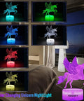 Unicorn Night Light Lamp with 16 Colors, Touch and Remote Control in 7 color modes, glowing in bedroom setting.