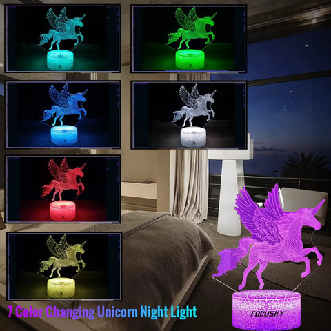 Unicorn Night Light Lamp with 16 Colors, Touch and Remote Control in 7 color modes, glowing in bedroom setting.