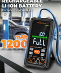 True RMS 10000 Counts Digital Multimeter with Rechargeable Battery on a foldable stand, displaying full charge