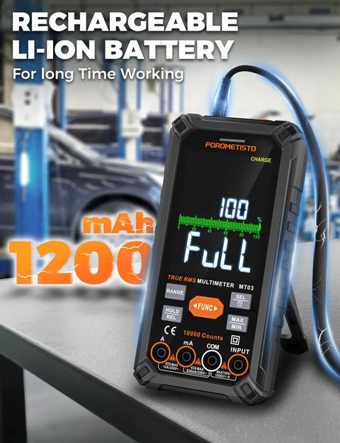 True RMS 10000 Counts Digital Multimeter with Rechargeable Battery on a foldable stand, displaying full charge
