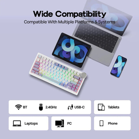 Wide compatibility showcase of Pro Rig Ready Tri Mode Mechanical Gaming Keyboard With A Massive 40Mm Precision Aluminum Volume Knob.