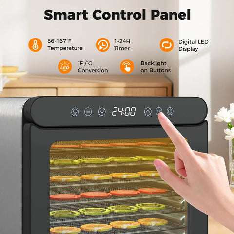 Smart control panel of Top Tier Food Dehydrator With Seven Sturdy Stainless Steel Trays And No Sweat One To Twenty Four Hour Timer.