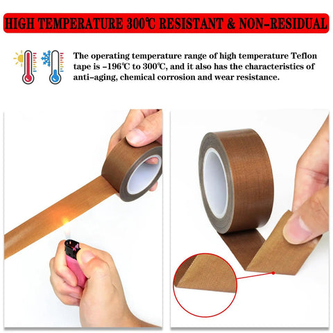 High Temperature PTFE Fabric Tape 1 Inch By 33 Feet And 2 Inch By 33 Feet For Vacuum Sealers And Hand Impulse Sealers Insulation Waterproof Heat Resistant Fiberglass Adhesive Tape being tested for heat resistance with a lighter, showing non-residual properties.