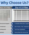 Comparison of others 413 filter vs our 413 filter with features of metal bars support and anti-friction pad protection
