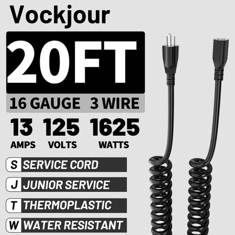 16 AWG 20 Ft Black Coiled Extension Cord Heavy Duty Tough Three Prong Flexible Spiral Power Cable For Standing Desk Garage Workshop And Electric Tools Such As Circular Saw And Drill 13A 125V 1625W ETL Listed