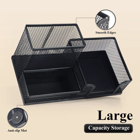 Mesh Pen Holder Desk Organizer With Three Compartments Metal Office Supply Organizer for desk storage with smooth edges