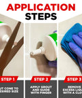 White Tile Grout Repair XL Odorless Fast Drying Grout Filler application steps with scissors, applicator, and wiping cloth.