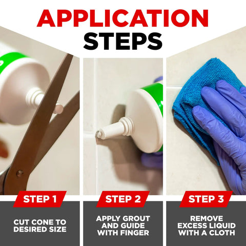 White Tile Grout Repair XL Odorless Fast Drying Grout Filler application steps with scissors, applicator, and wiping cloth.