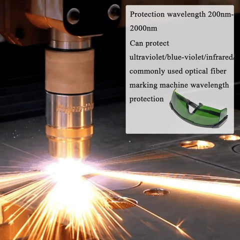 Broad Spectrum Laser Safety Glasses With Uv And Infrared Blocking Coating For Home Hair Removal Wands 200Nm To 2000Nm Range shown near a laser cutting tool.