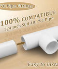 3/4 inch PVC tee fitting indicates compatibility with SCH40 pipe, highlighting use for DIY projects and outdoor structures