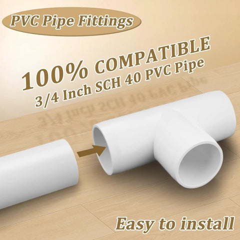 3/4 inch PVC tee fitting indicates compatibility with SCH40 pipe, highlighting use for DIY projects and outdoor structures