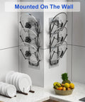 2 Pack 6 Tier Pot Lid Organizer For Cabinet With Wall Mount And Strong Adhesive Backing, displaying lids mounted on a wall.