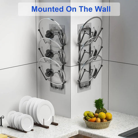 2 Pack 6 Tier Pot Lid Organizer For Cabinet With Wall Mount And Strong Adhesive Backing, displaying lids mounted on a wall.