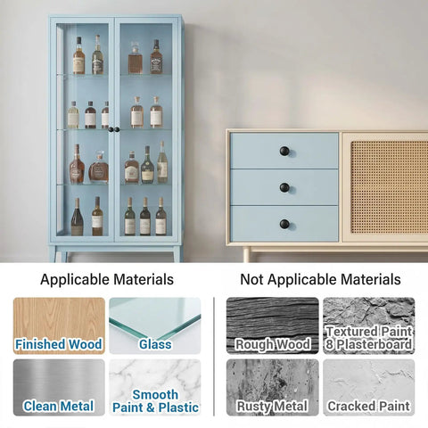 Display of Six Pack Stick On Cabinet Knobs Self Adhesive Handles on smooth finished wood, showing applicable and non-applicable surfaces.