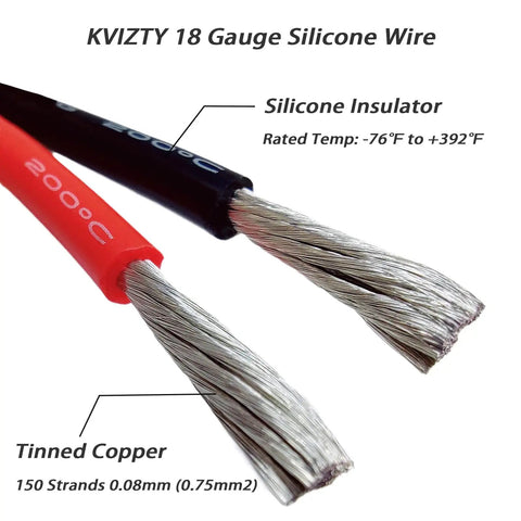 Close-up of dual color 18 gauge silicone wire red and black hook up cable flexible 18 AWG with 150 strand tinned copper conductor.