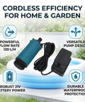 Heavy Duty 21V Cordless Submersible Sump Pump For Basement Floods And Garden Drains Delivers A Freakin Smooth 120L Per Hour Flow Rate with battery and pump features.