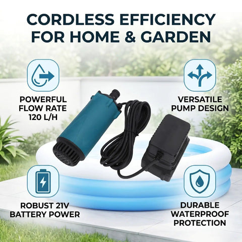 Heavy Duty 21V Cordless Submersible Sump Pump For Basement Floods And Garden Drains Delivers A Freakin Smooth 120L Per Hour Flow Rate with battery and pump features.