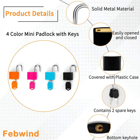 4 Pack Multicolor Keyed Padlocks For Suitcases And Luggage With Two Distinct Keys; Plastic Covered Copper Keyed Padlocks overview
