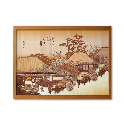 Ukiyoe Art Kit Kiharie The Running Well Teahouse At Otsu By Hiroshige Made In Japan, framed A4 DIY collage with Japanese sliced wood.