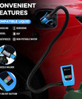 Portable Fuel Transfer Pump With Auto Stop Sensor 51 Inch Hose 3.2 Gallons Per Minute Fast And Safe Gas Can Pump For Oil Battery Or DC Power Manual Nozzle Type Blue shown in use.
