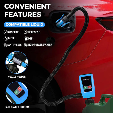 Portable Fuel Transfer Pump With Auto Stop Sensor 51 Inch Hose 3.2 Gallons Per Minute Fast And Safe Gas Can Pump For Oil Battery Or DC Power Manual Nozzle Type Blue shown in use.