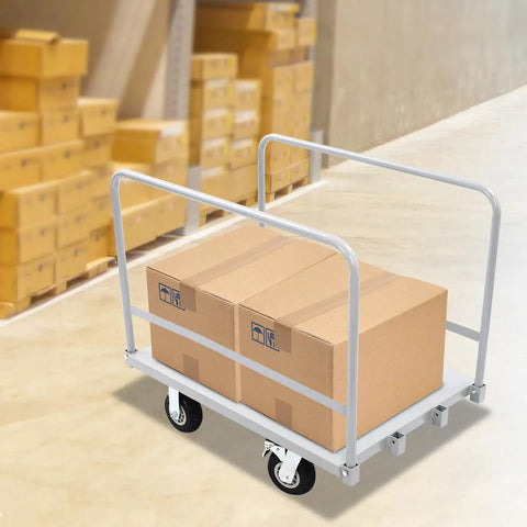 Heavy Duty Platform Truck Cart With Rock Solid Steel Deck And Smooth Roll Casters Built To Shift Two Thousand Pounds Like A Pro, loaded with boxes.