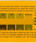 Rad Triage 50 personal radiation detector card; yellow plastic wallet dosimeter with color-dose bars and FIT indicator.