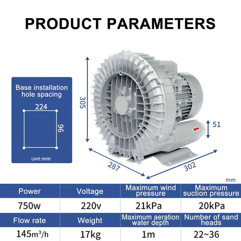 Heavy Duty Industrial Regenerative Blower For Pond Aeration And Pool Oxygenation 7.5Kw With Dust Filter, dimensions and specifications.