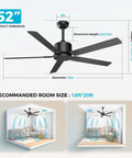 52 Inch Black Modern Ceiling Fan No Light With Five Blades Dual Finish Six Speed Quiet DC Motor Reversible For Patio Garage And Bedroom Energy Efficient Whisper Quiet Under 35dB with dimensions and room size recommendations shown.