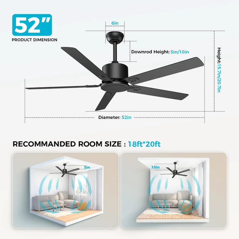 52 Inch Black Modern Ceiling Fan No Light With Five Blades Dual Finish Six Speed Quiet DC Motor Reversible For Patio Garage And Bedroom Energy Efficient Whisper Quiet Under 35dB with dimensions and room size recommendations shown.