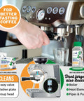 Packaging of Espresso Machine Cleaning Tablets 10 Pack, 1.4g Each, shown with coffee machine in use, suitable for Breville and Sage.