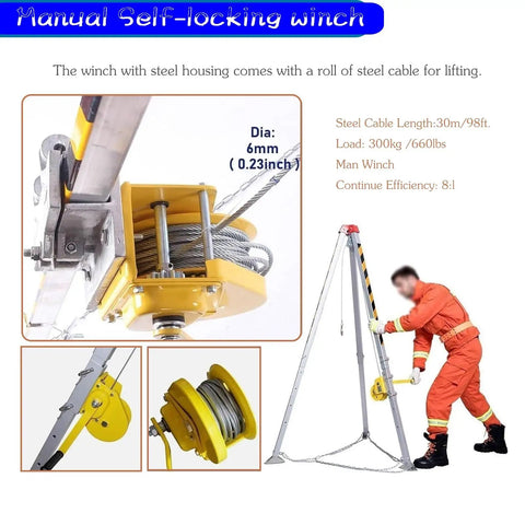 Tough As Nails Heavy Hitter Manual Emergency Rescue Tripod Winch 2600 Lbs Capacity with steel cable and winch detail.