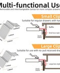 Diagram of two pack drawer front installation clamps with quick install clips, adjustable width from 21 mm to 50 mm.