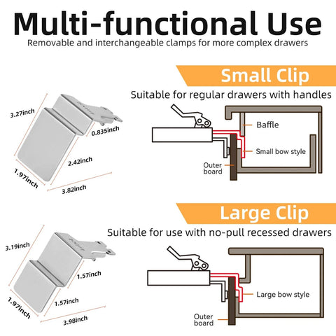 Diagram of two pack drawer front installation clamps with quick install clips, adjustable width from 21 mm to 50 mm.